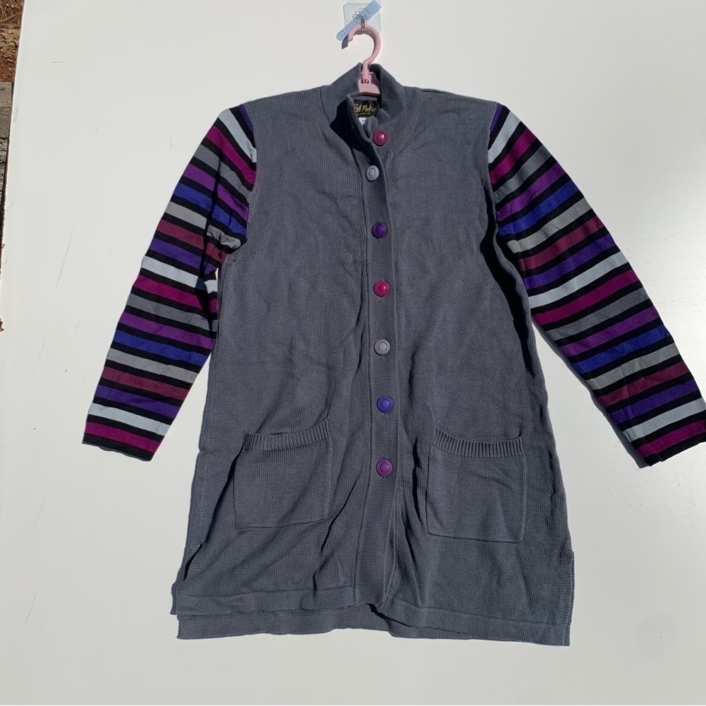 Bob Mackie Wearable Art Gray Purple Striped Long Cardigan Sweater Plus Size M